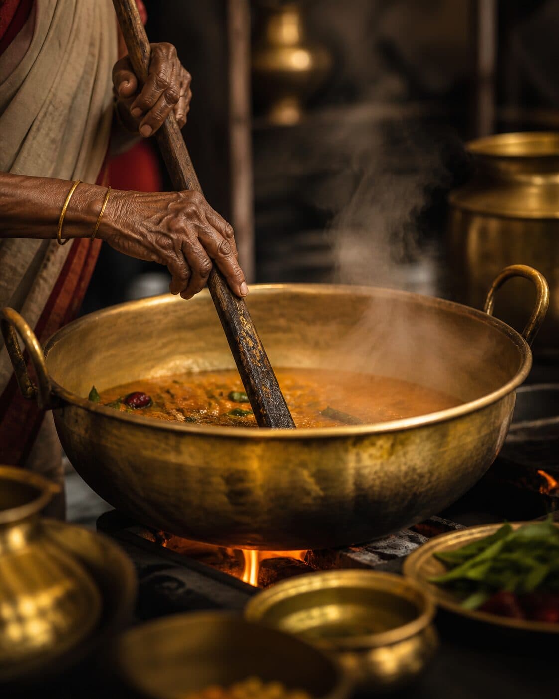 A VS Caterers cook stirring a brass kadai over flame